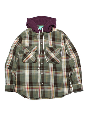 ABSURD LOGIC 荒诞逻辑 撞色连帽纯棉长袖格子法兰绒衬衫美式复古