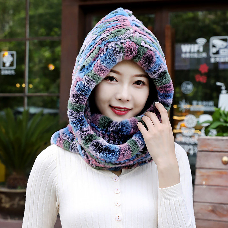 獭兔毛帽子女冬天连体帽围巾皮草围脖一体两用编织妈妈保暖护耳