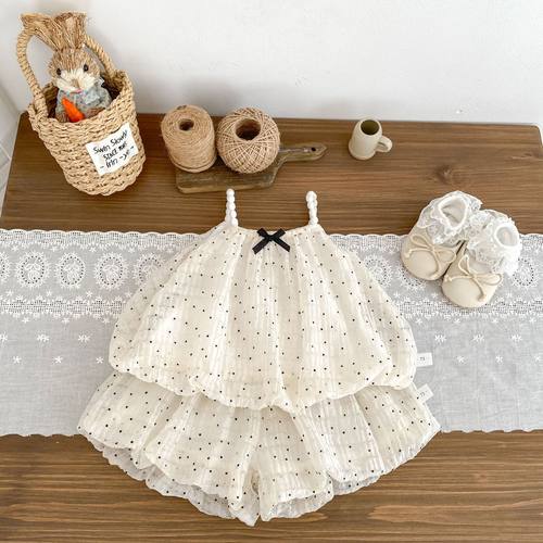 2025夏季女宝宝波点吊带花苞上衣短裤两件套甜美女童百天周岁