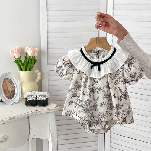 2025夏季新款女宝宝中式水墨碎花两件套翻领短袖上衣+包屁裤套装