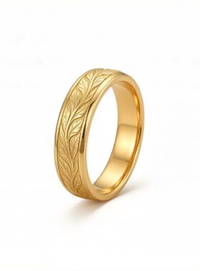 缠枝叶子足金戒指 6mm 宽面古法浮雕 12g 实心黄金指环可改圈