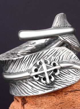 925纯银羽毛戒指食指环女星儿同款饰品复古泰银开口