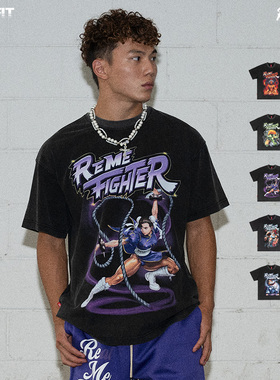 REMEFIT 肌肉街头霸王 重工重磅水洗炒色做旧美式纯棉男女短袖潮