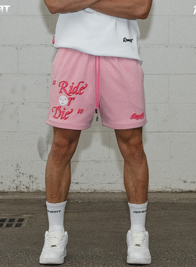 REMEFIT 七夕限定 发泡印美式四分重工刺绣双层网眼速干运动短裤