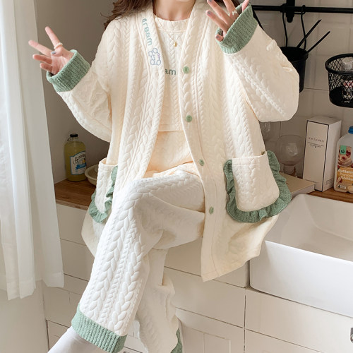 孕妇睡衣三件套空气棉月子服春秋冬款12月份11纯棉产后哺乳家居服