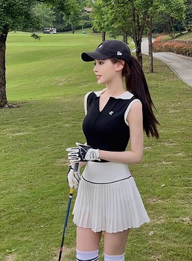 韩版高尔夫球服女套装休闲运动POLO衫无袖上衣网球百褶短裙子羽毛