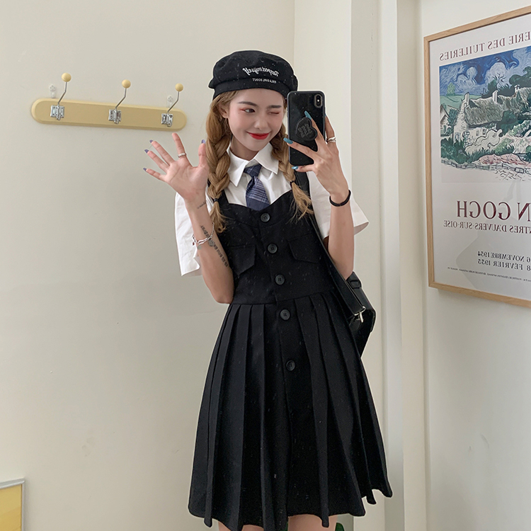 Real shot Short Sleeve Shirt Black Strap skirt gathered waist Pleated Dress