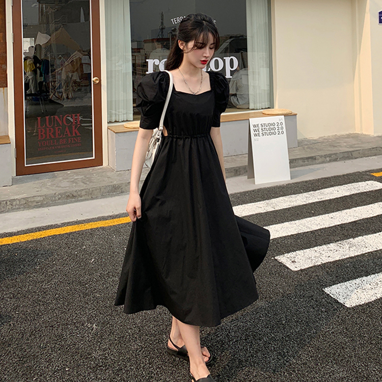 Real time bubble sleeve square collar dress