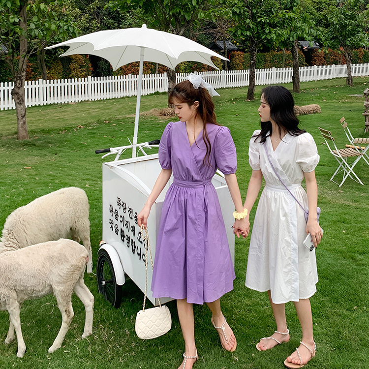 Real picture girl dress French Long Dress Purple Dress bubble sleeve collar first love dress