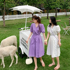 Real picture girl dress French Long Dress Purple Dress bubble sleeve collar first love dress