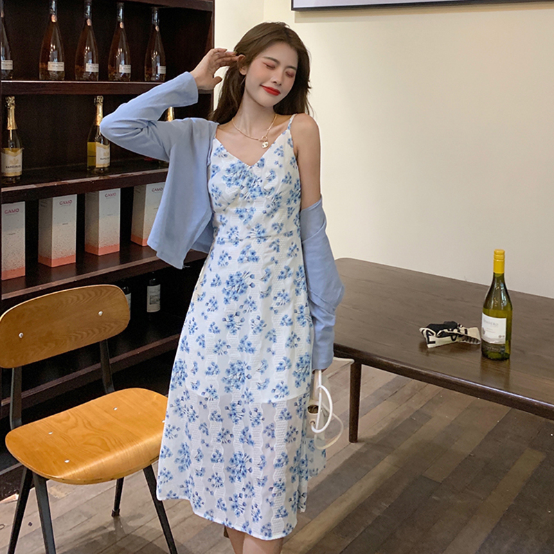 Real shot Floral Chiffon sleeveless dress with blue suspender skirt