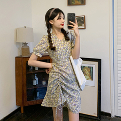 Real V-neck drawstring floral Short Sleeve Dress