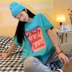 Real shot round neck letter printed short sleeve T-shirt