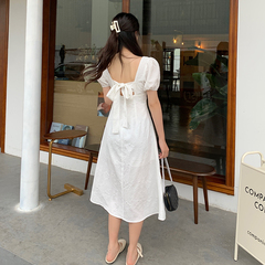 Real shot long and short French retro open back short sleeve lace up waist bow dress