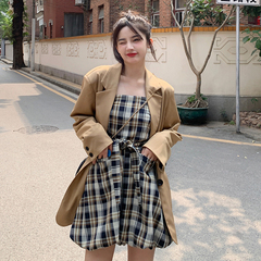 Real shot Khaki suit jacket waist strap Plaid Jumpsuit two piece set