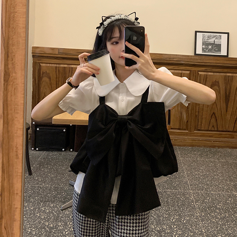 The two-piece suit of bow Vest + Short Sleeve Shirt