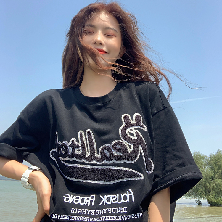 Real shot letter embroidery round neck short sleeve T-shirt