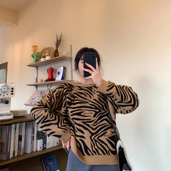 Navy collar Zebra Print Long Sleeve Pullover Sweater