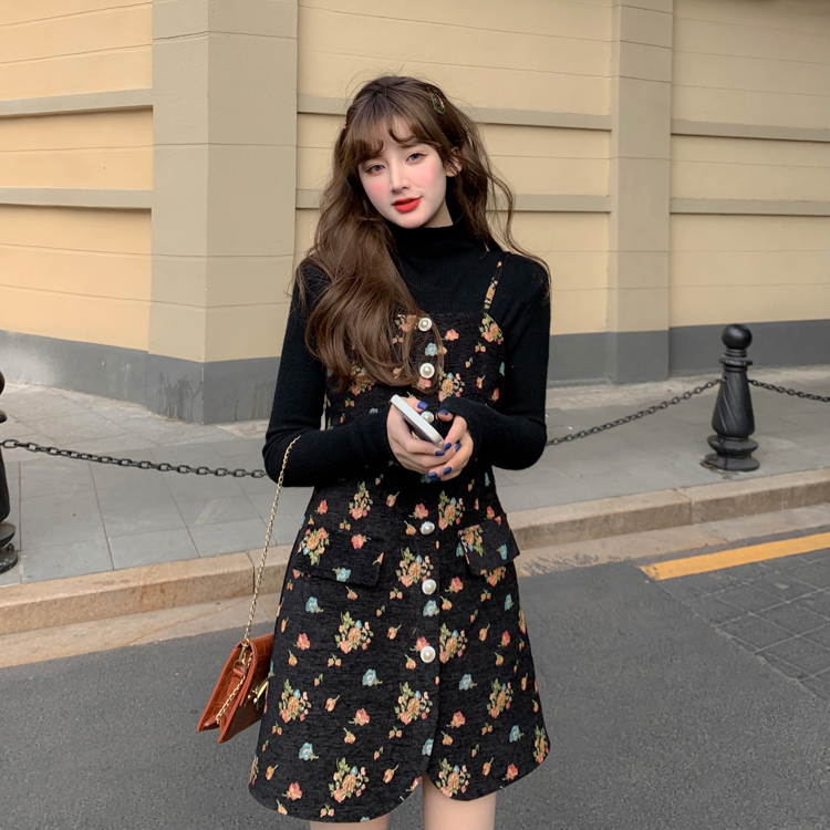 Real shot floral dress retro western style strap skirt long sleeve two piece base shirt