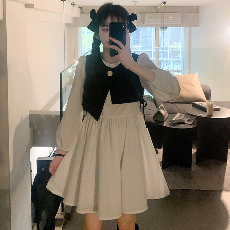 Two piece dress with irregular vest and bubble sleeve and high waist