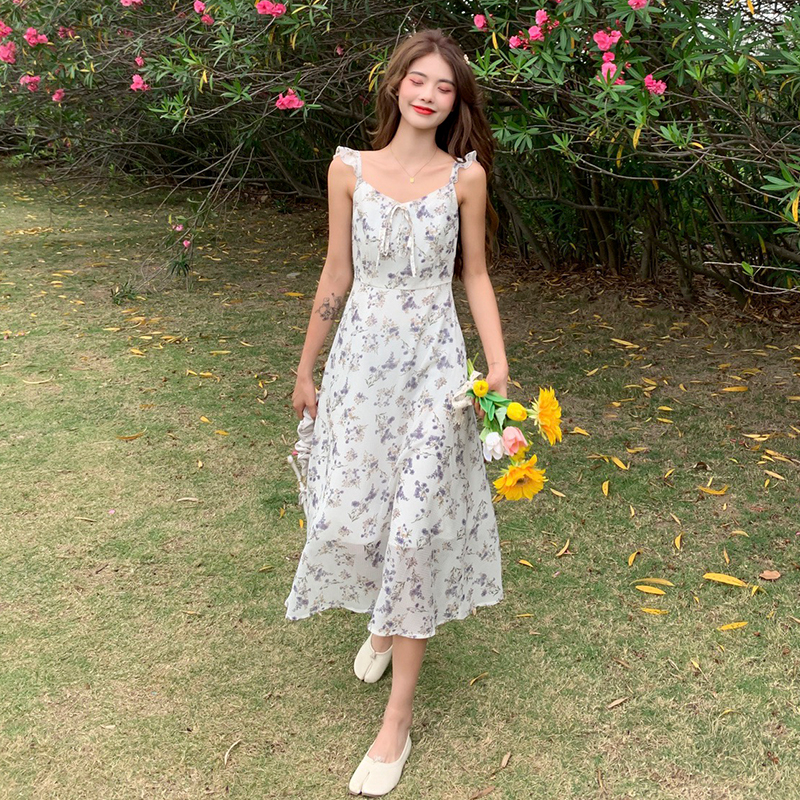 Real shot lace neckline tie floral suspender top / Dress