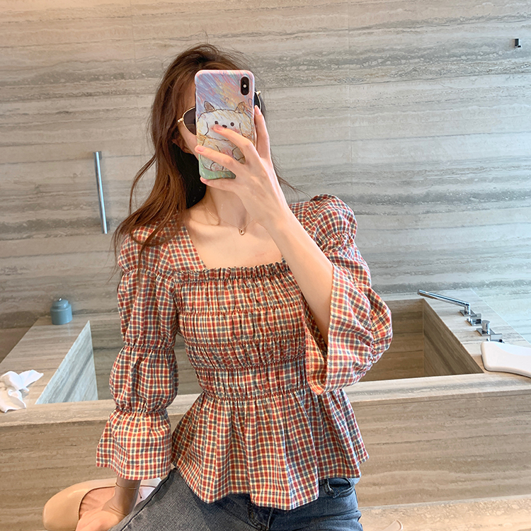 Actual photo quality inspection trumpet Sleeve Plaid Shirt women's versatile waist collection Shirt Top