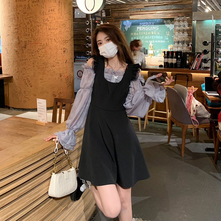 Real shot sleeveless strap dress lace one neck waist short chiffon shirt suit