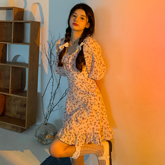 Real shot square neck bubble sleeve raspberry pink Ruffle Floral Dress