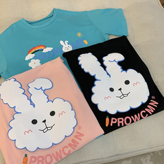 Real shot rainbow rabbit foam printing short sleeve round neck T-shirt
