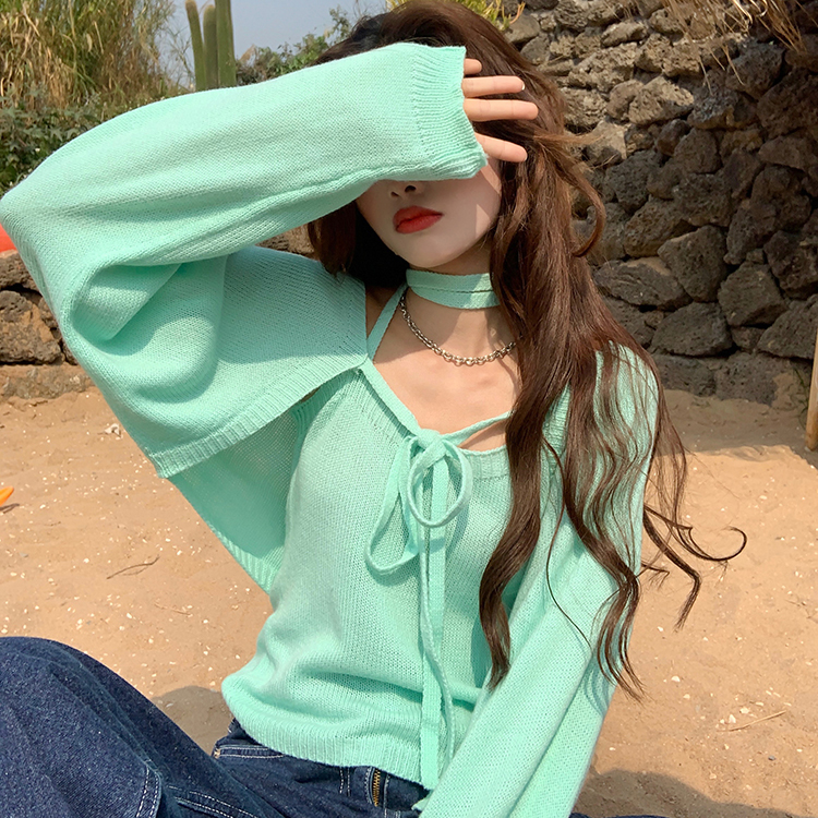 Real bat long sleeve bandage sunshade blouse cantilevered jacket hanging neck suspender vest suit