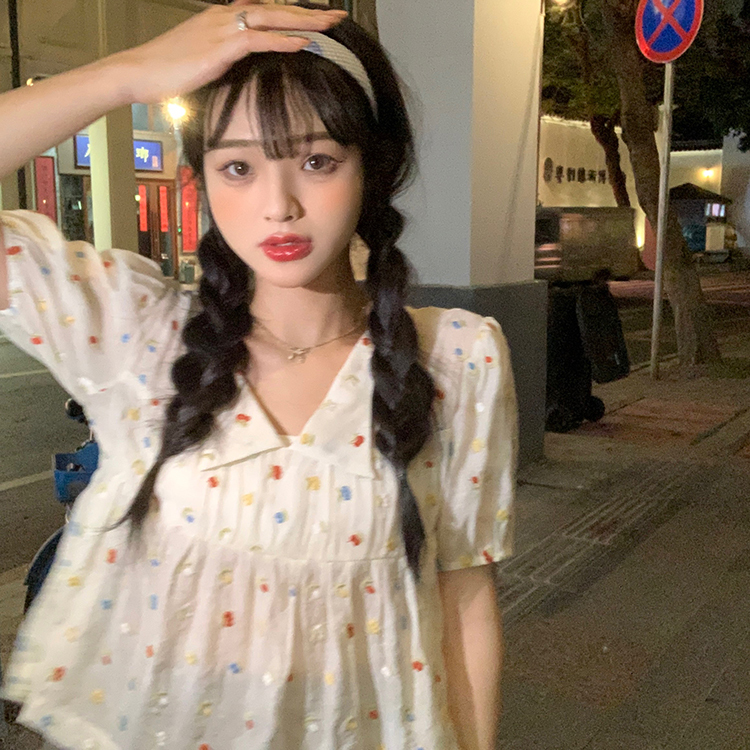 Embroidered cherry bubble short sleeve baby shirt