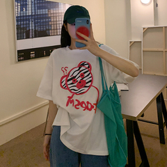 Real time foam process cartoon printed lazy hair short sleeve round neck T-shirt