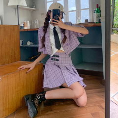 Real shot purple lattice short small suit coat irregular pleated skirt White Sleeveless Shirt