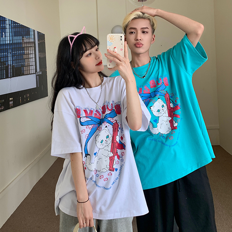 Real shooting lovers kitten pattern letter printed short sleeve T-shirt