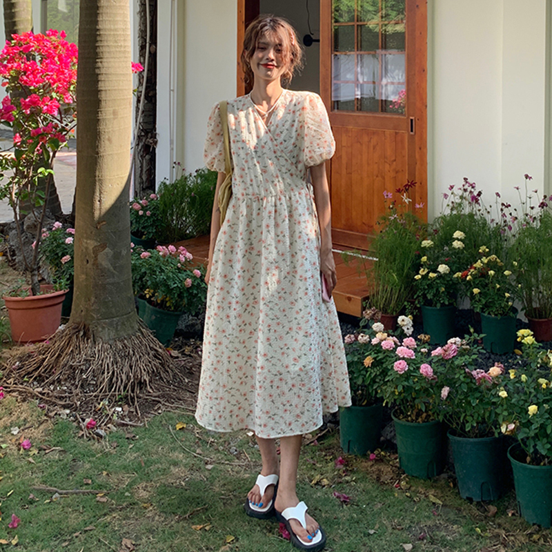 Real shot French Chiffon waist cut flower dress