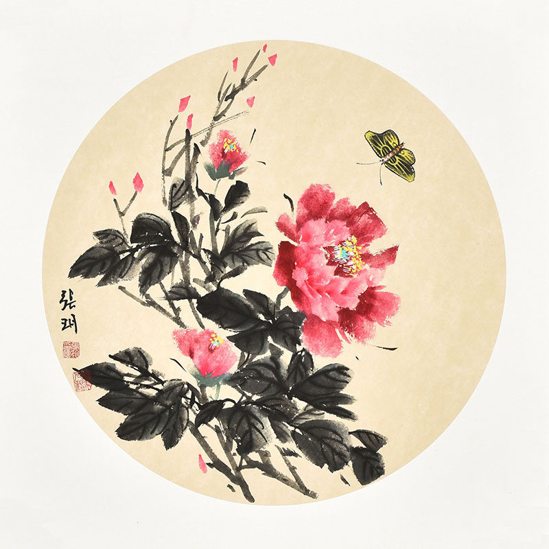 美协名家纯手绘国画花鸟画《蝶恋芳》圆心小品画 电表箱装饰画