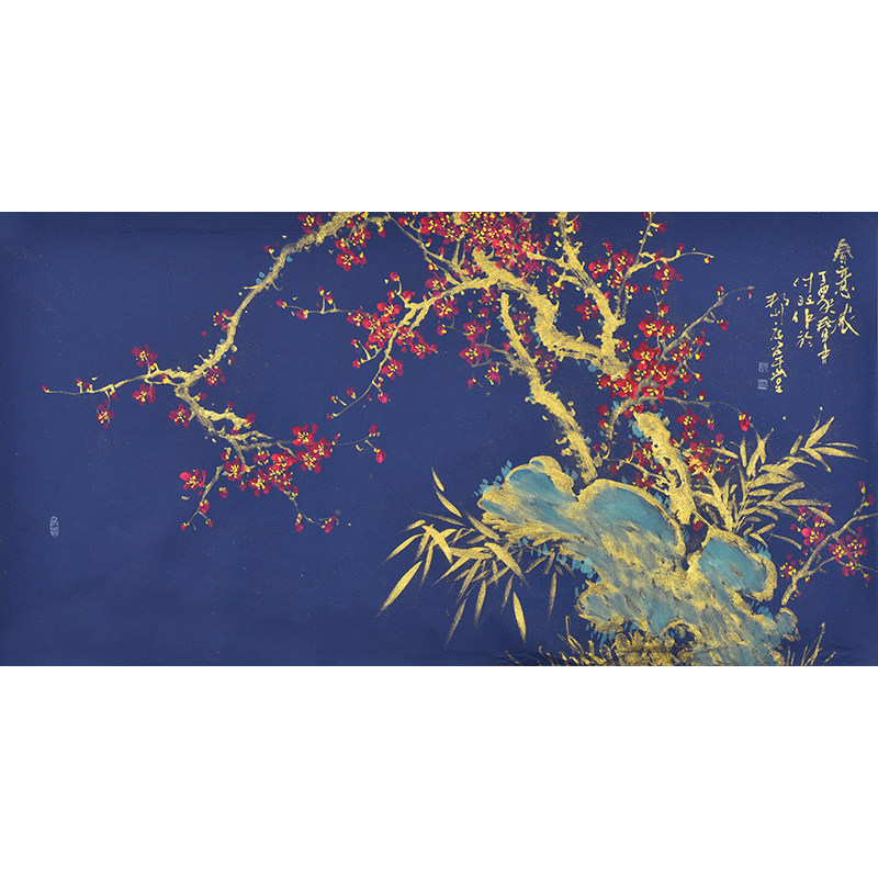 字画名家陈老师手绘国画花鸟画梅花《赏春》中式客厅背景墙装挂画