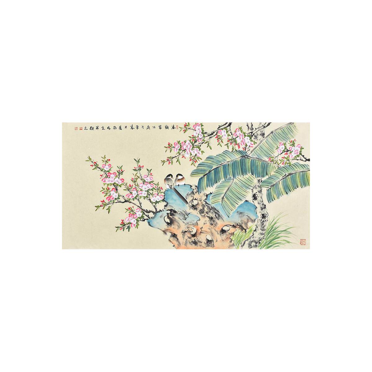 纯手绘花鸟画春韵图芭蕉桃花水仙喜鹊轻奢风客厅婚房主卧室装饰画
