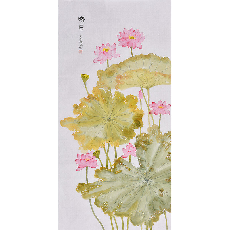 纯手绘四尺竖幅写意花鸟画荷花荷塘荷趣轻奢风玄关走廊过道装饰画