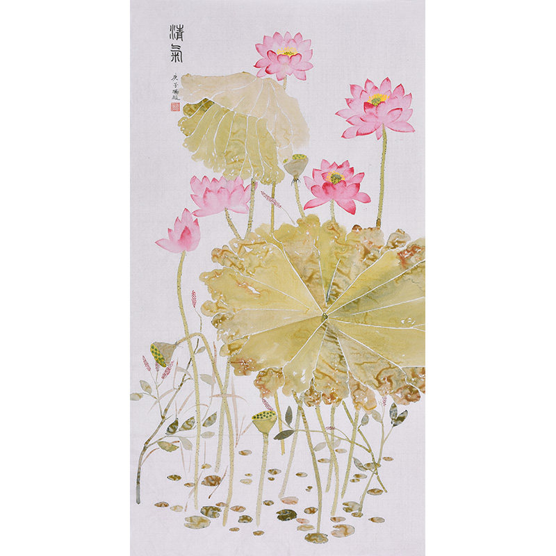 百年好合并蒂莲荷花入户玄关装饰画国画水墨画花鸟画走廊过道挂画