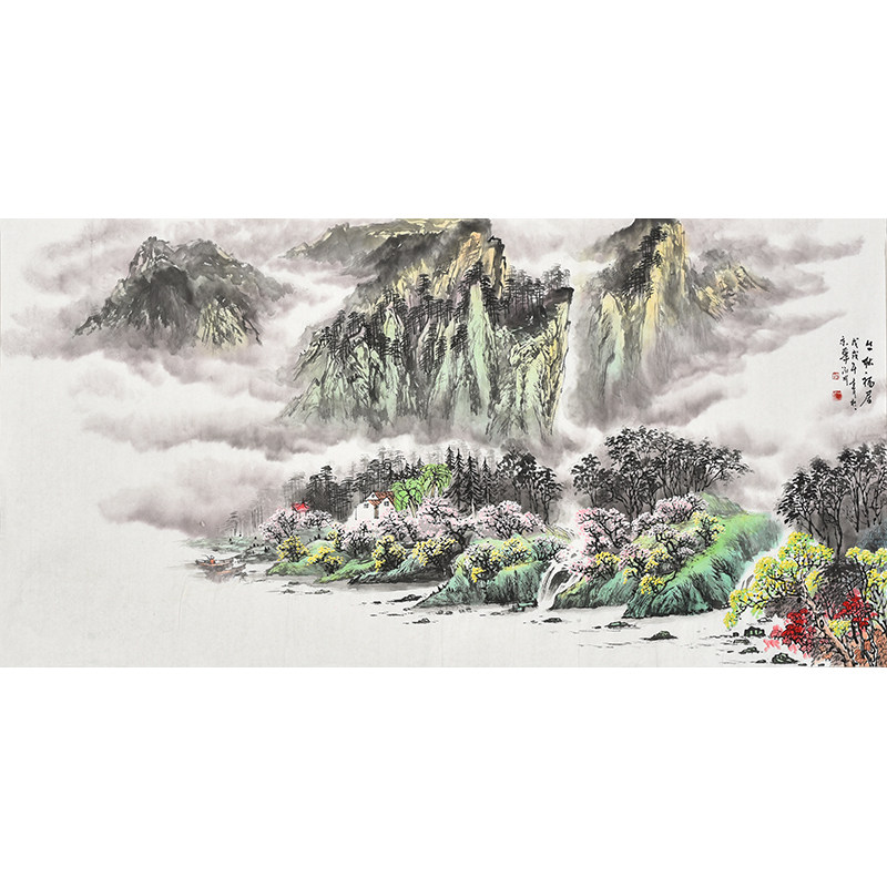 纯手工新中式国画意境流水生财横幅沙发后山水画客厅风景挂画大幅