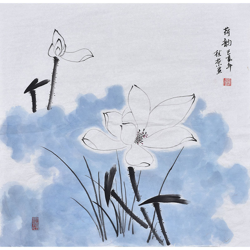 纯手绘四尺斗方写意花鸟画水墨荷花荷塘荷趣轻奢风玄关卧室装饰画