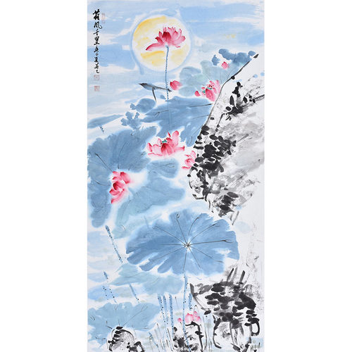 艺术家手绘国画荷塘荷花和和美美现代轻奢玄关装饰画卧室餐厅挂画