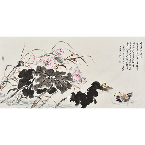 水墨花鸟画《鸳鸯戏水图》客厅装饰画书房挂画名师字画真迹收藏