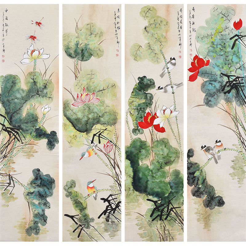 新中式水墨装饰画客厅挂画国画现代办公室墙画荷花四条屏四联画