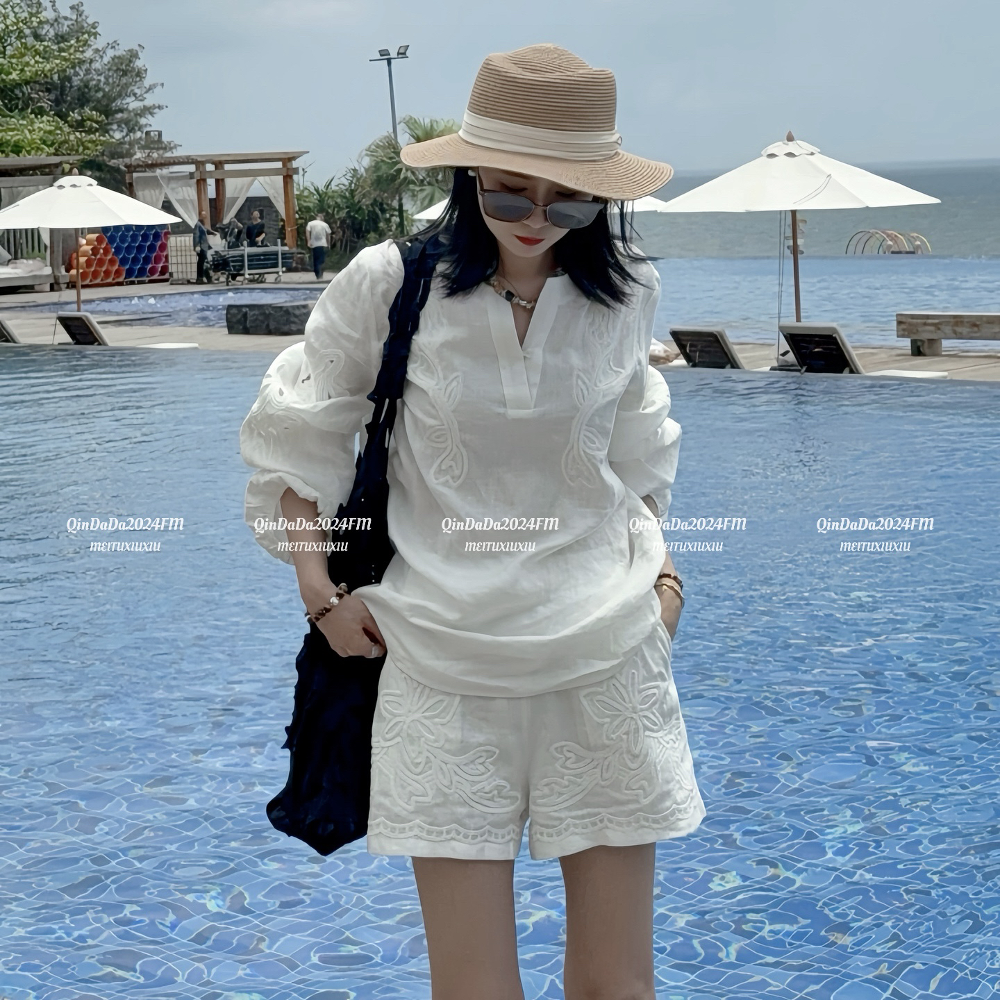 南油高货100%亚麻套装女夏重工刺绣轻奢高级感长袖上衣短裤两件套