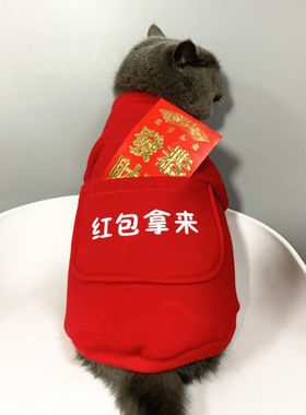 宠物猫咪衣服过年红色宠物蓝猫布偶幼崽英短小猫幼猫红包拿来卫衣