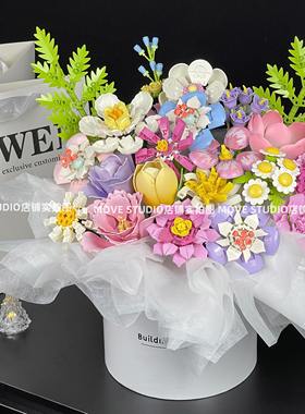 中国 积木玫瑰花抱抱桶花束拼装玩具永生花教师节女朋友 生日礼物