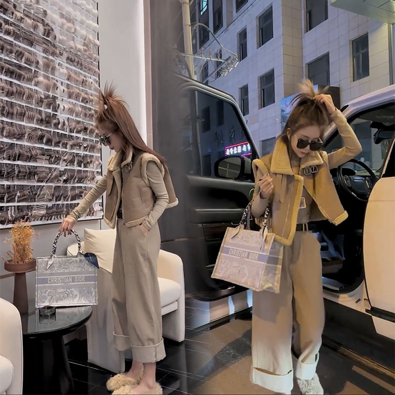 网红秋季新款时尚套装高端短款仿羊羔毛加厚机车马甲九分阔腿裤女