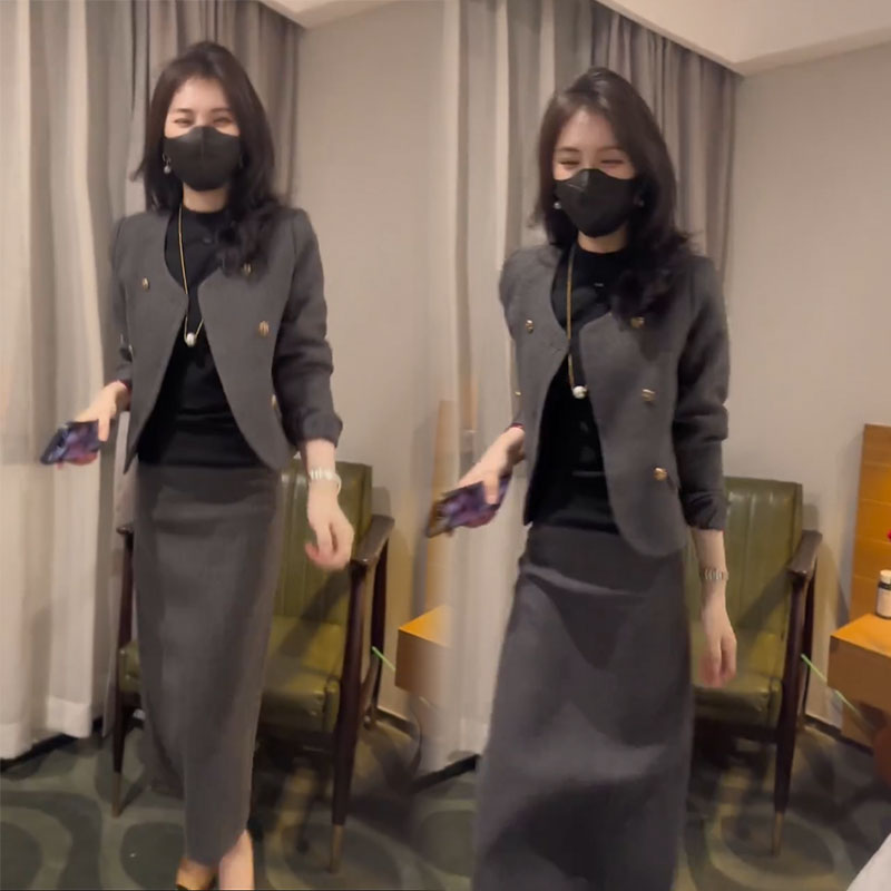 欧洲站秋新款时尚简约套装韩版宽松小香风外套气质半身裙两件套女